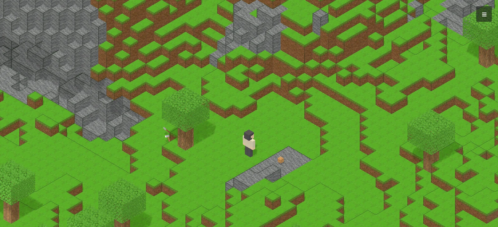 Frontier Life prototype: procedurally generated isometric terrain with forests, stone hills and a cave entrance