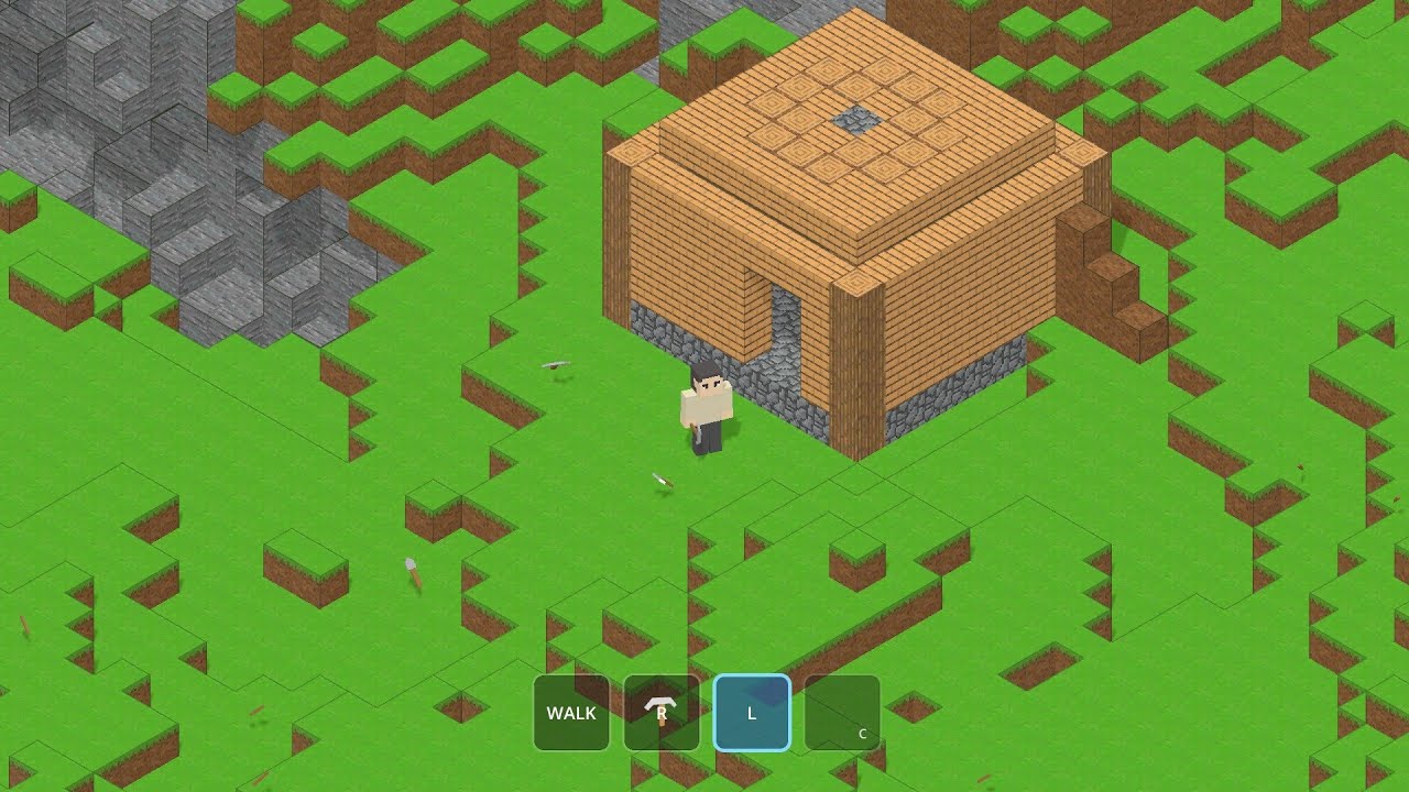 Frontier Life prototype: a character beside a block-built wooden house in an isometric world